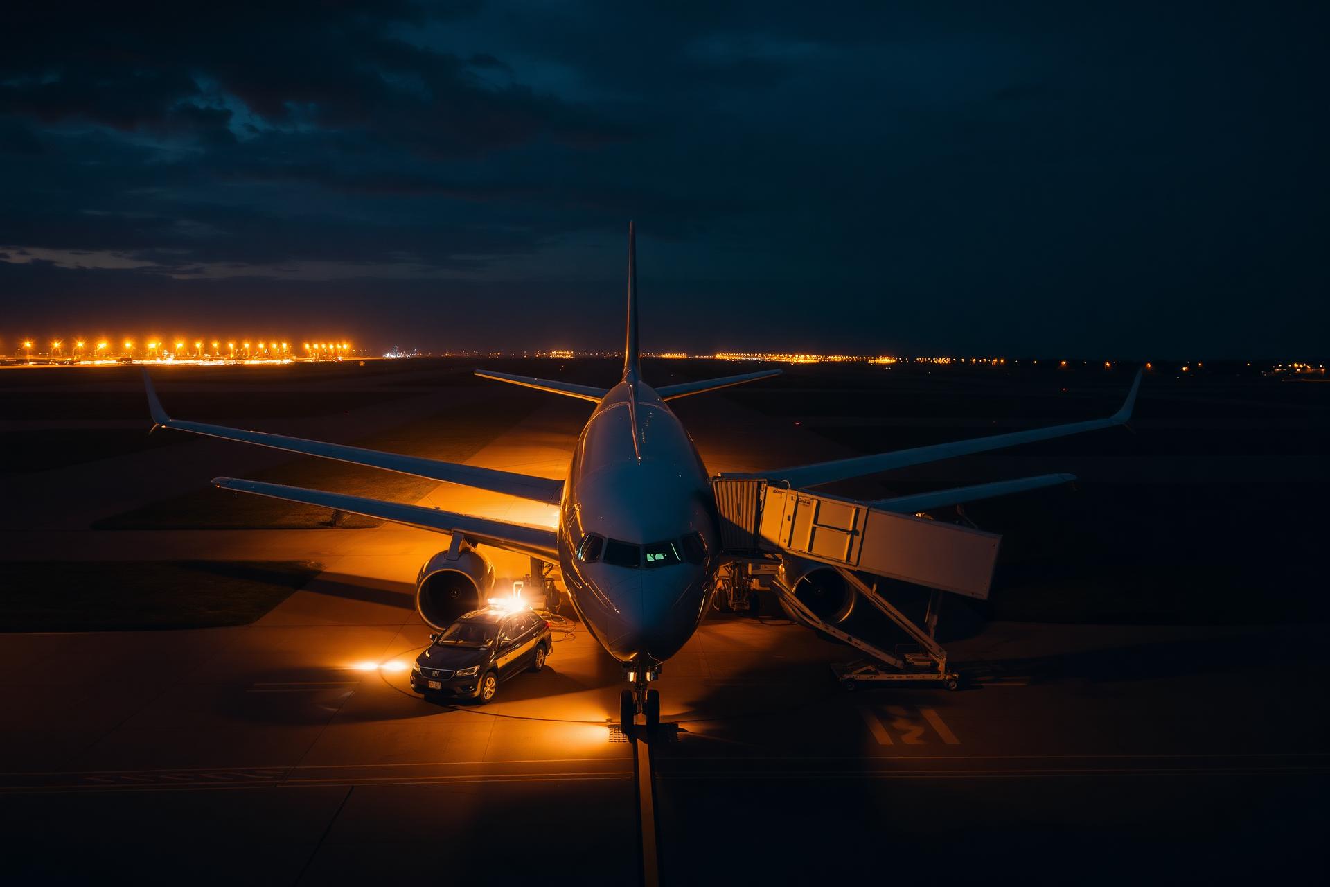 Avión de carga en pista al anochecer