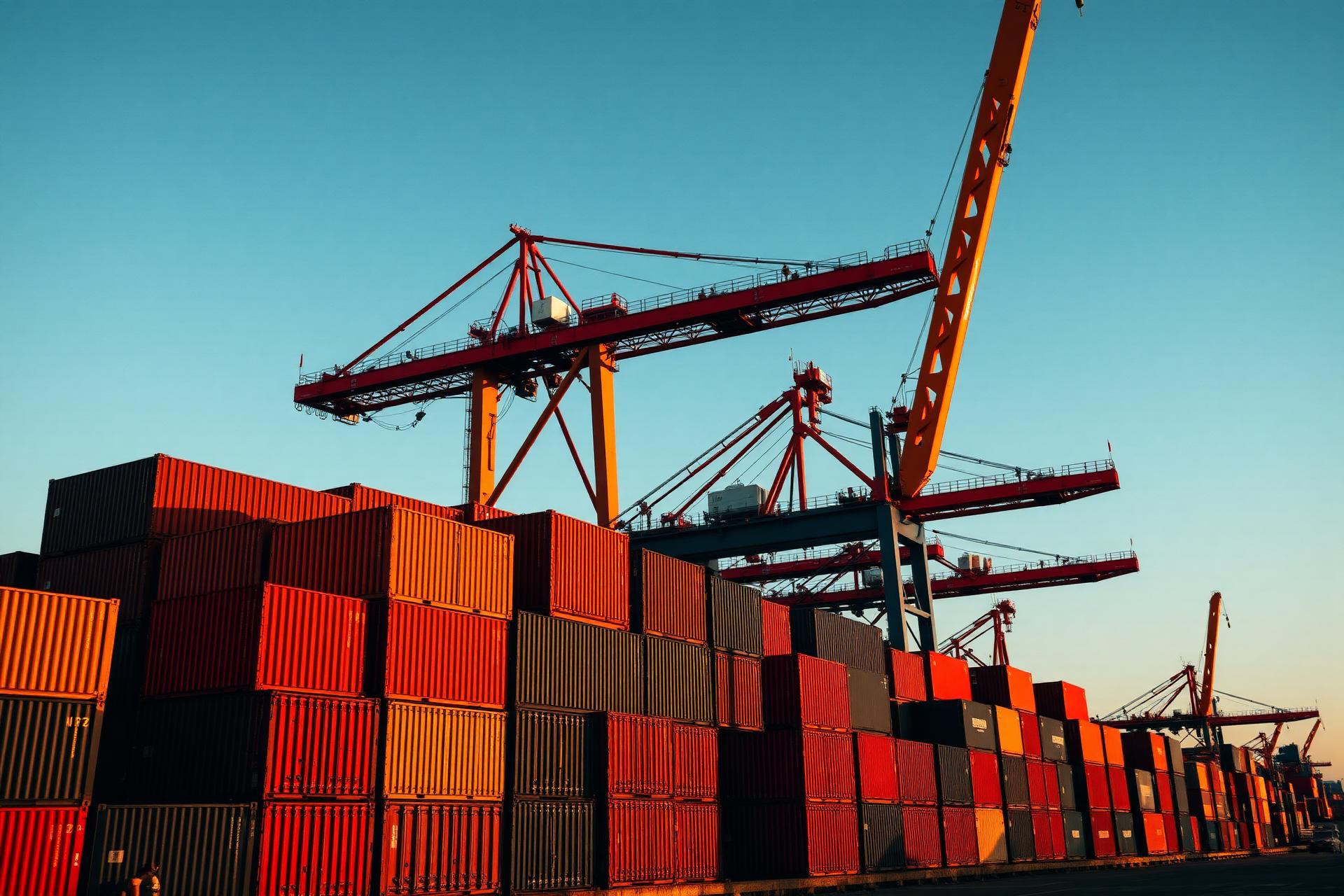 Contenedores apilados en puerto con grúa